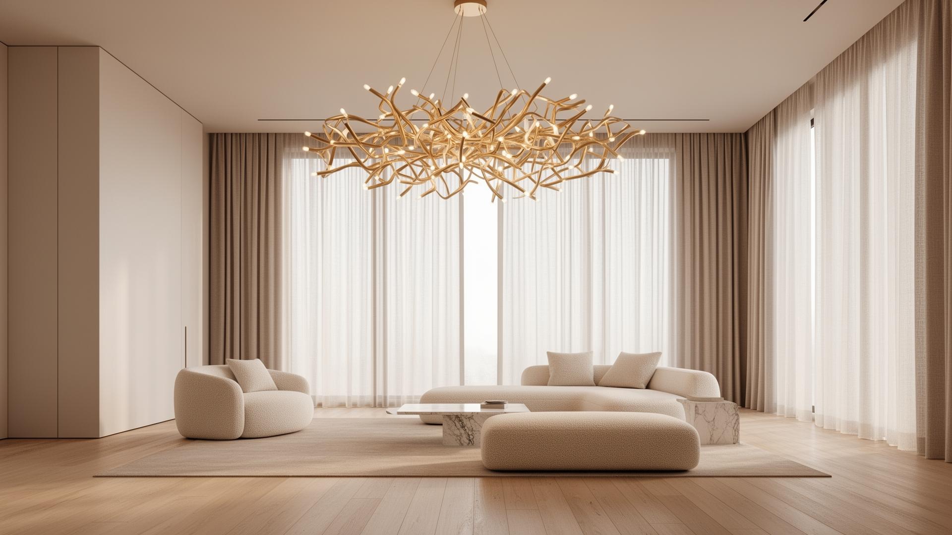 Designer chandelier illuminating a warm, textured bedroom interior